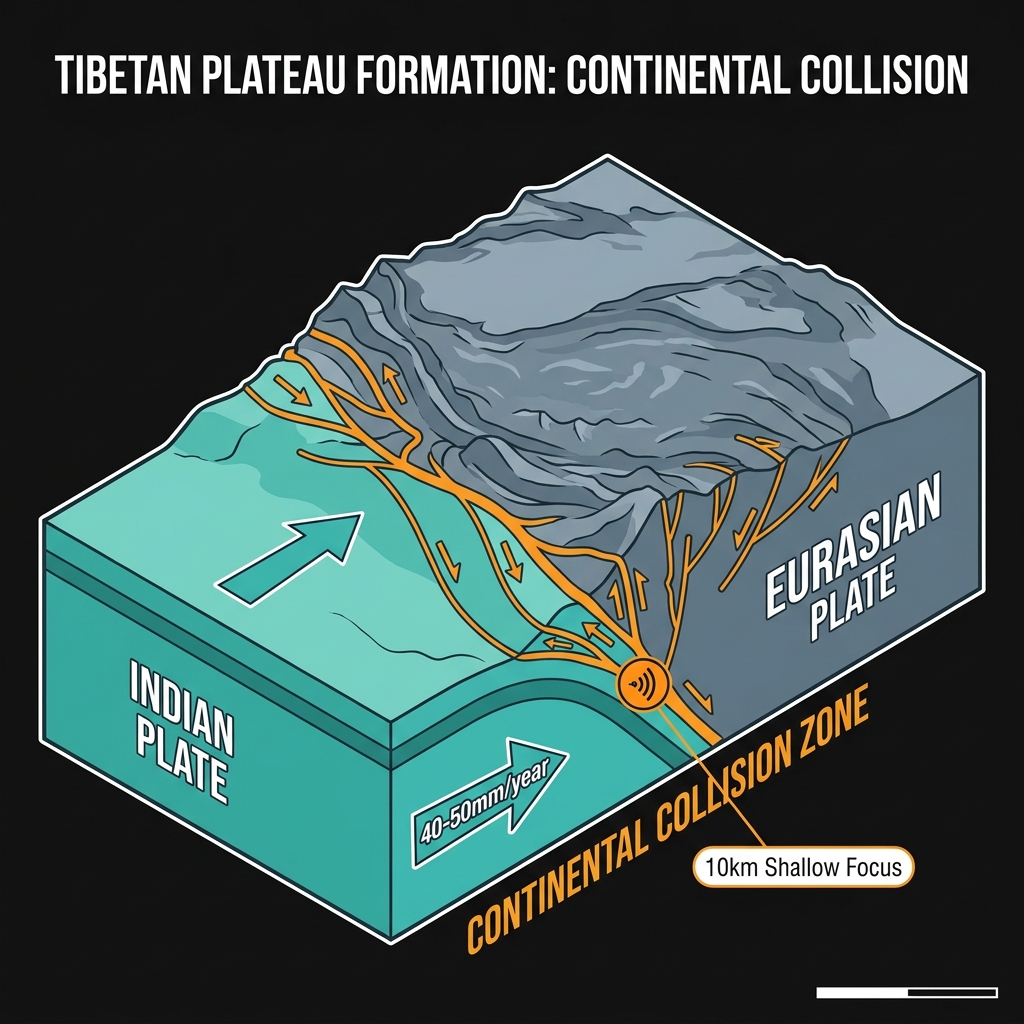 Diagram showing Indian and Eurasian plate collision causing Tibetan Plateau uplift and shallow earthquakes