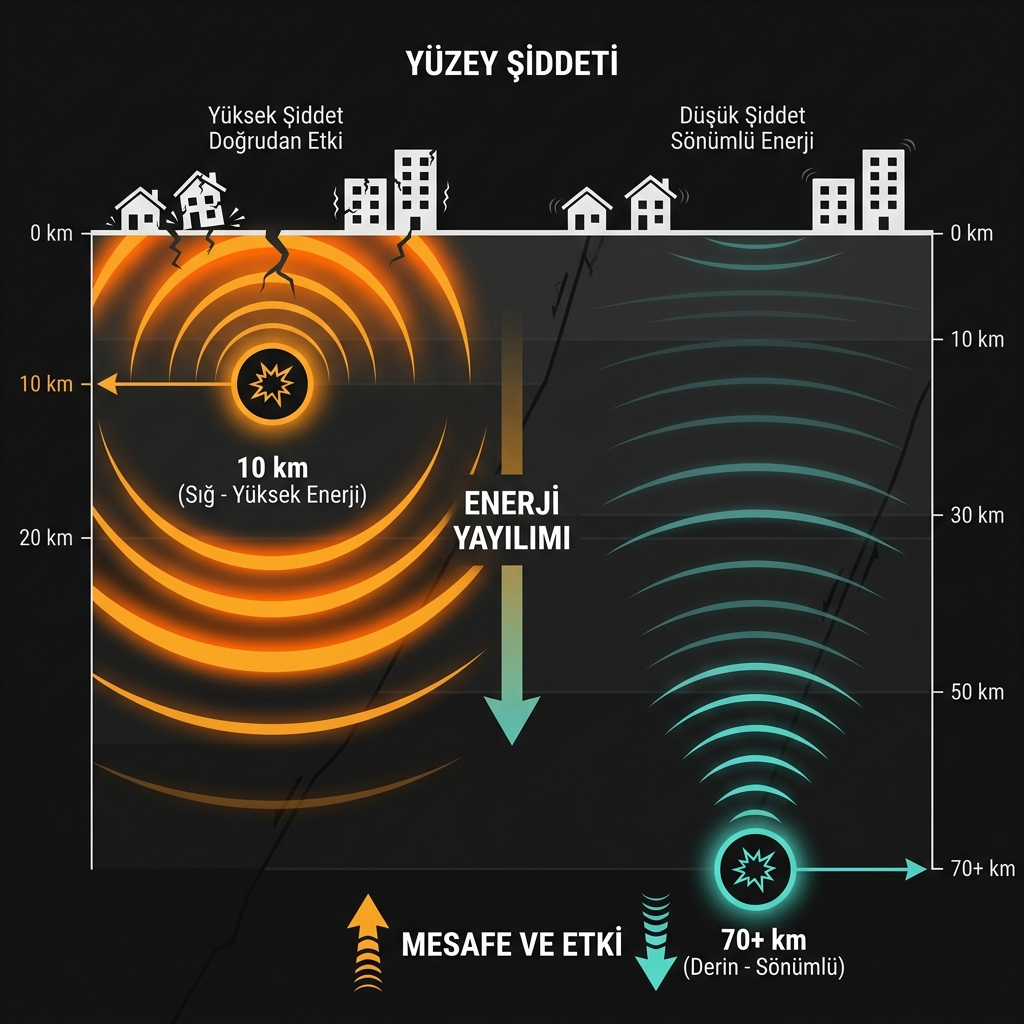 Comparison diagram showing shallow 10km earthquake energy transfer versus deep earthquake wave attenuation