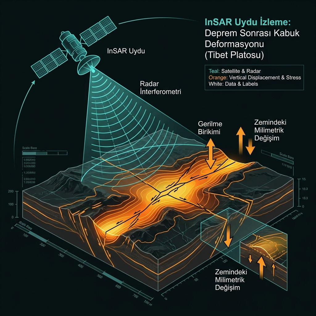 Diagram of InSAR satellite technology monitoring ground deformation and fault stress on the Tibetan Plateau