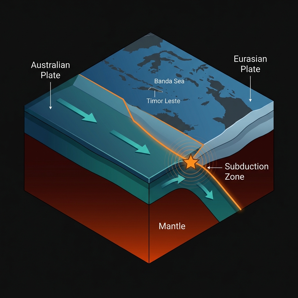 Diagram showing the Australian Plate subducting beneath the Eurasian Plate in the Banda Sea region with labeled tectonic features