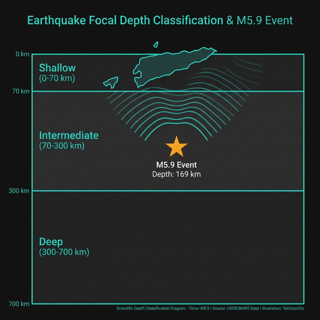 Diagram showing earthquake depth categories with the M5.9 event marked at 169 kilometers in the intermediate depth zone, illustrating seismic wave attenuation