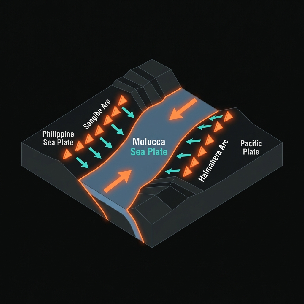 Scientific diagram showing the double subduction zone of the Molucca Sea Plate beneath the Sangihe and Halmahera volcanic arcs