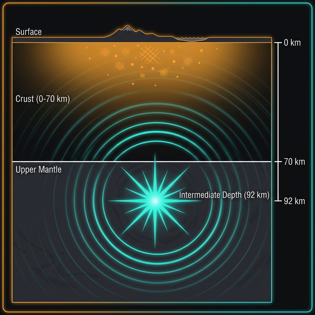 Diagram showing a cross-section of the Earth's crust illustrating the 92 kilometer depth of the intermediate-depth earthquake compared to shallow crustal earthquakes