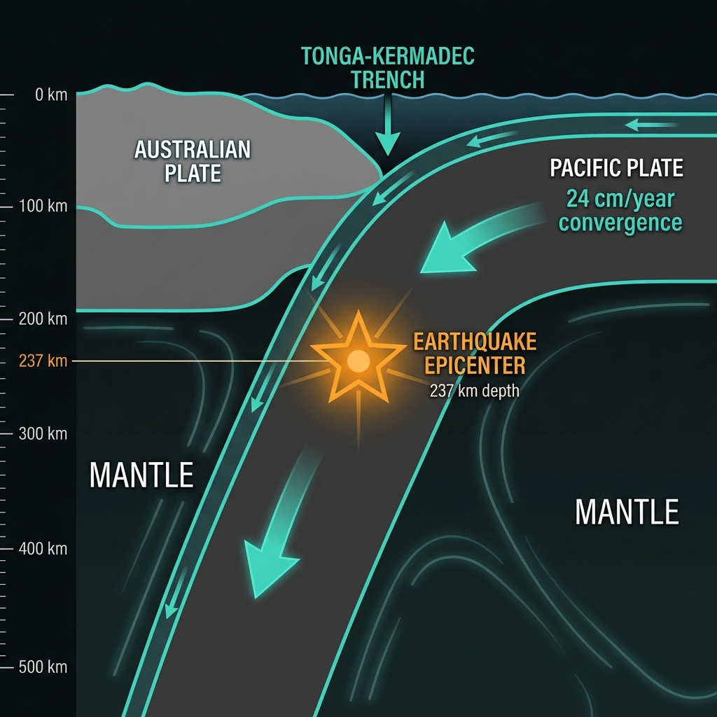 Diagram showing the Pacific Plate subducting beneath the Australian Plate with the deep earthquake location marked