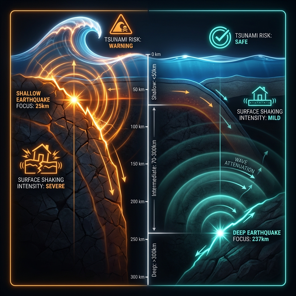 Diagram comparing how shallow and deep earthquakes transmit energy to the surface differently