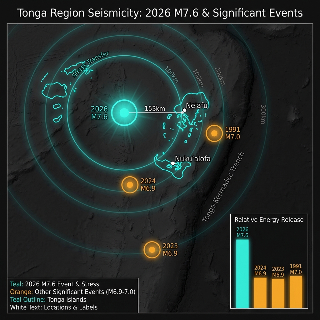 Map showing the March 2026 earthquake location relative to historical seismic events in the Tonga region