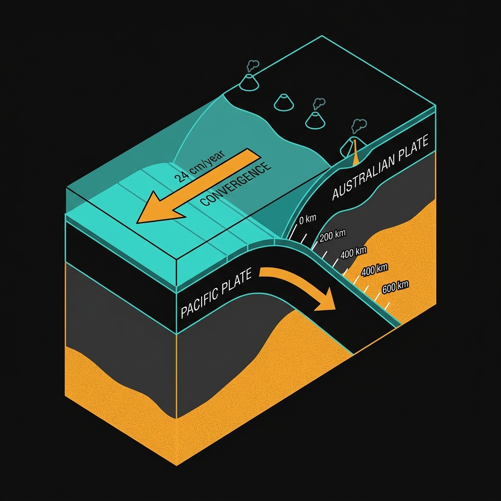 Diagram showing the Pacific Plate subducting beneath the Australian Plate at the Tonga Trench with 24cm annual convergence rate
