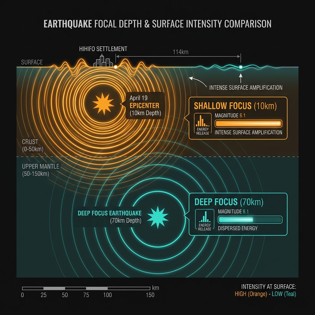 Infographic comparing shallow 10km earthquake depth versus deep focus events showing energy transfer differences