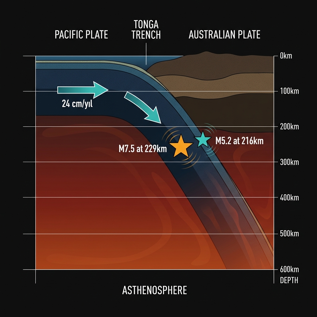 Scientific diagram showing the Pacific Plate subducting beneath the Australian Plate with earthquake hypocenters marked at 216km and 229km depths