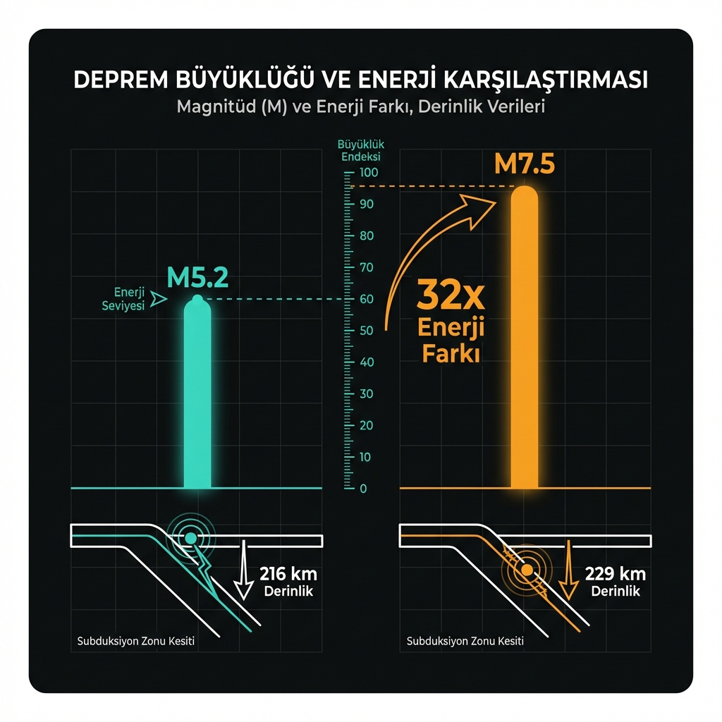 Diagram comparing the energy difference between magnitude 5.2 and 7.5 earthquakes with 32x multiplier visualization