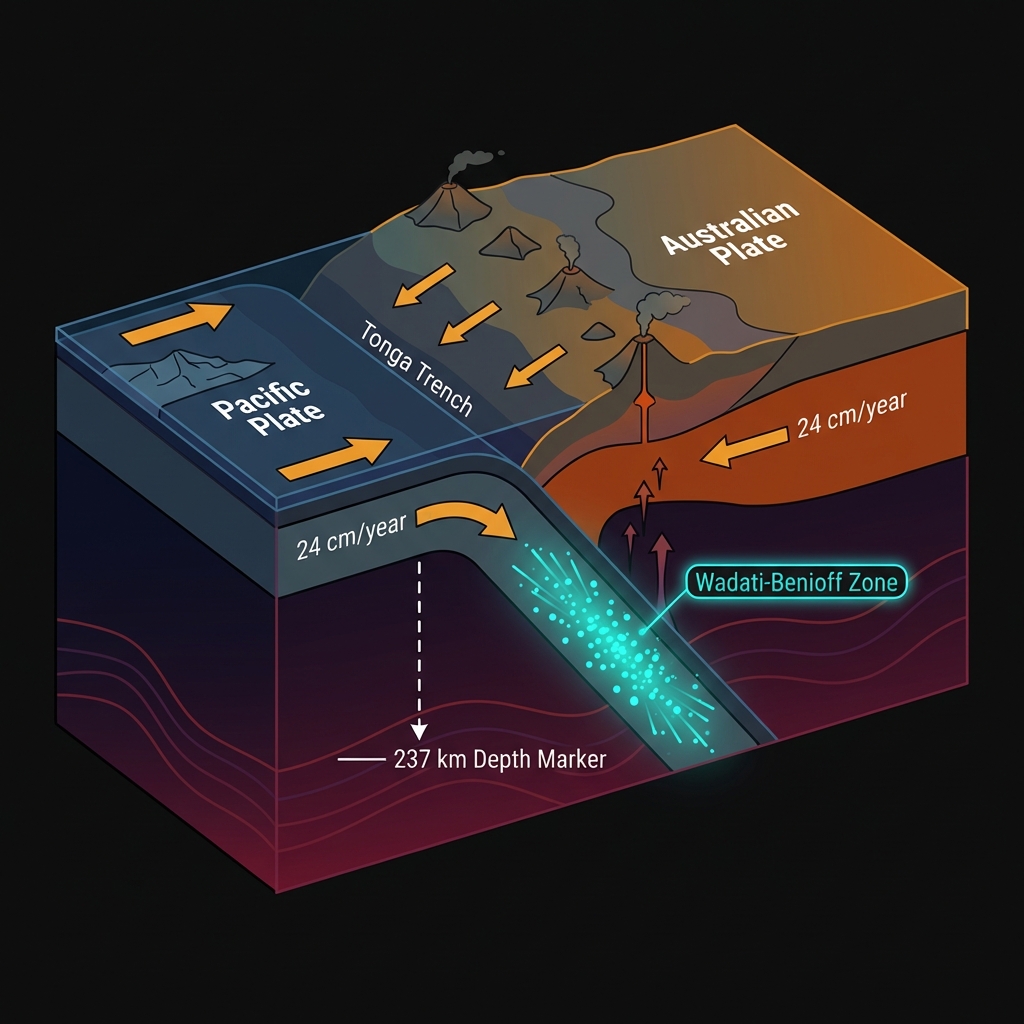 Diagram of the Tonga Subduction Zone showing the Pacific Plate subducting beneath the Australian Plate with the Wadati-Benioff Zone highlighted