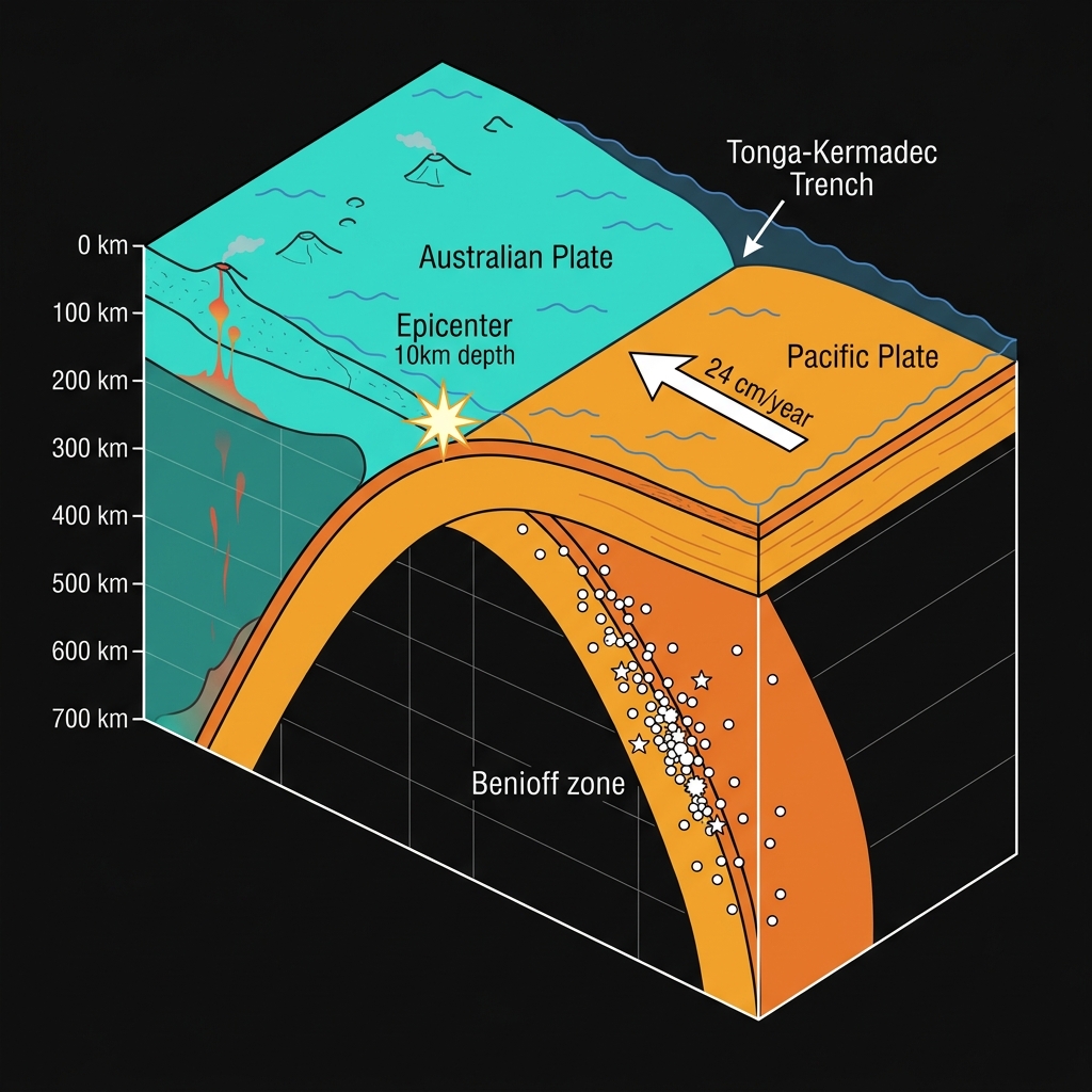 Cross-section diagram showing the Pacific Plate subducting beneath the Australian Plate at the Tonga Trench