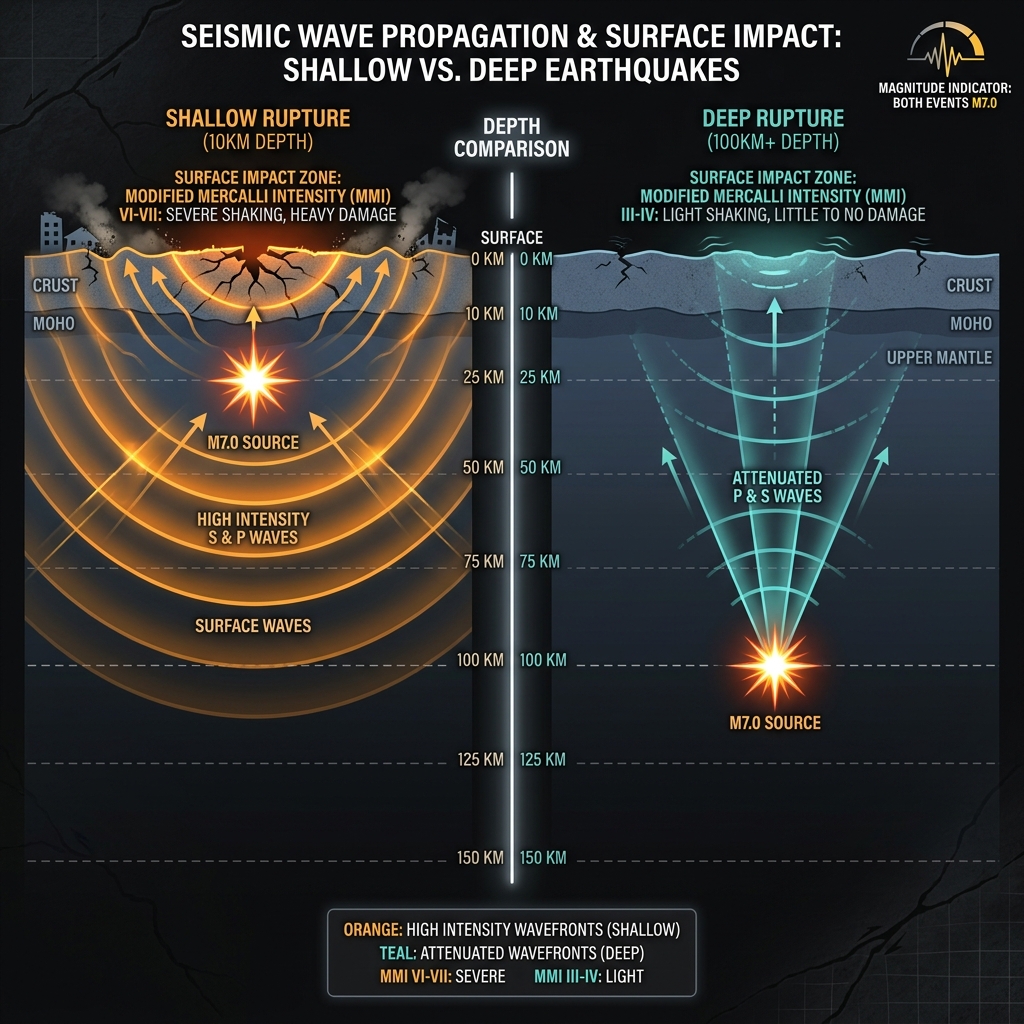 Diagram comparing seismic wave intensity from shallow versus deep earthquakes showing greater surface impact from shallow events