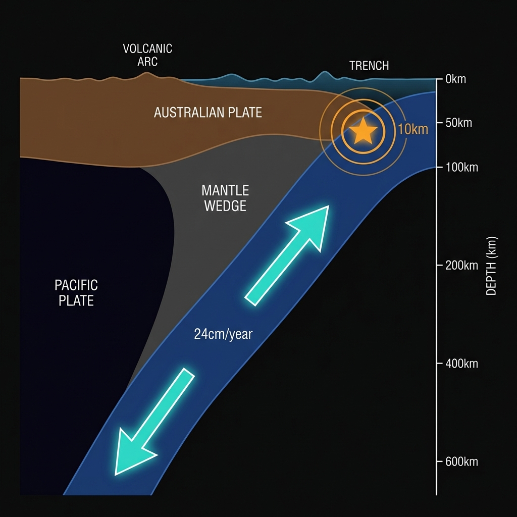 Diagram showing the Pacific Plate subducting beneath the Australian Plate at the Tonga Trench with depth markers