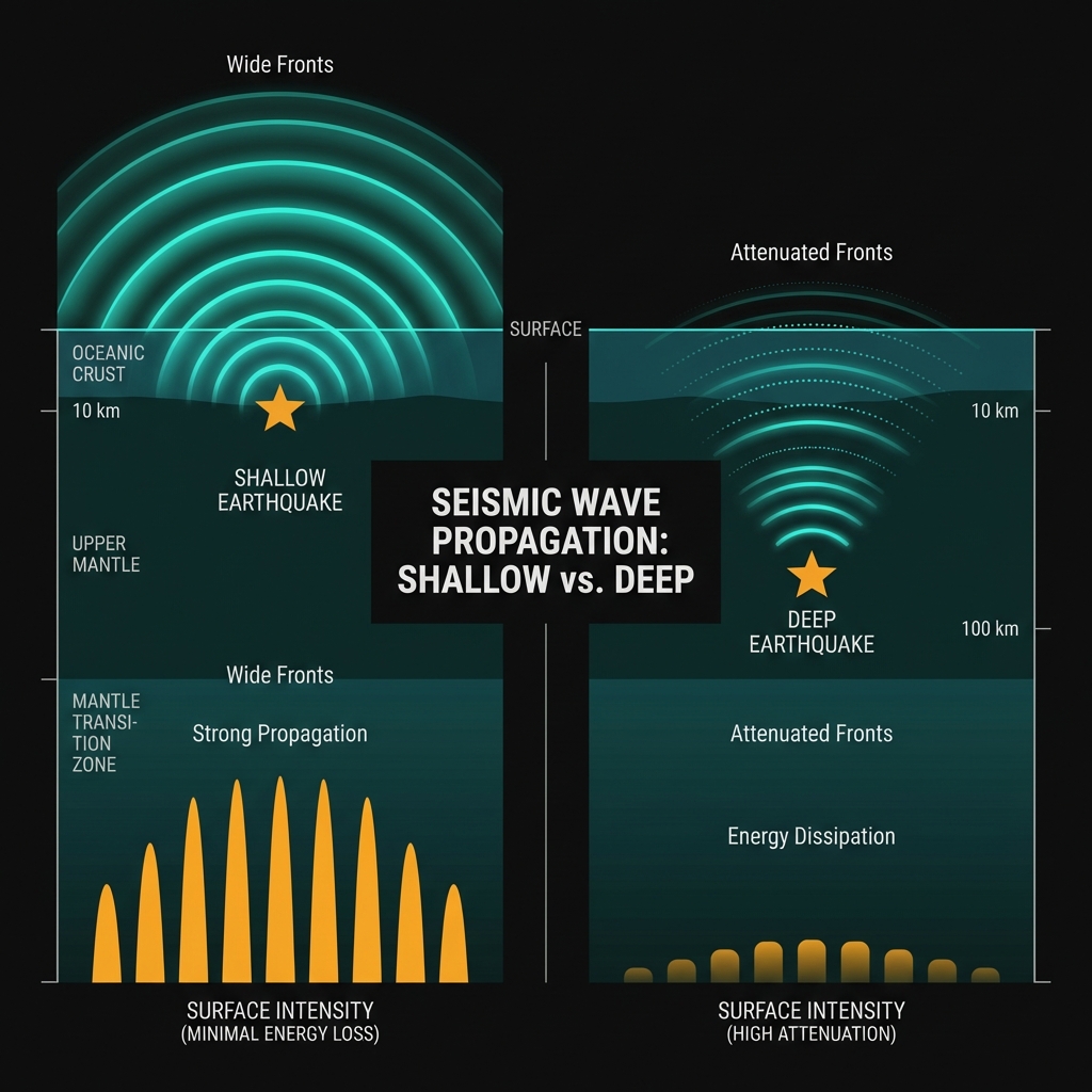 Comparison diagram illustrating how shallow earthquakes release more intense surface energy than deep earthquakes