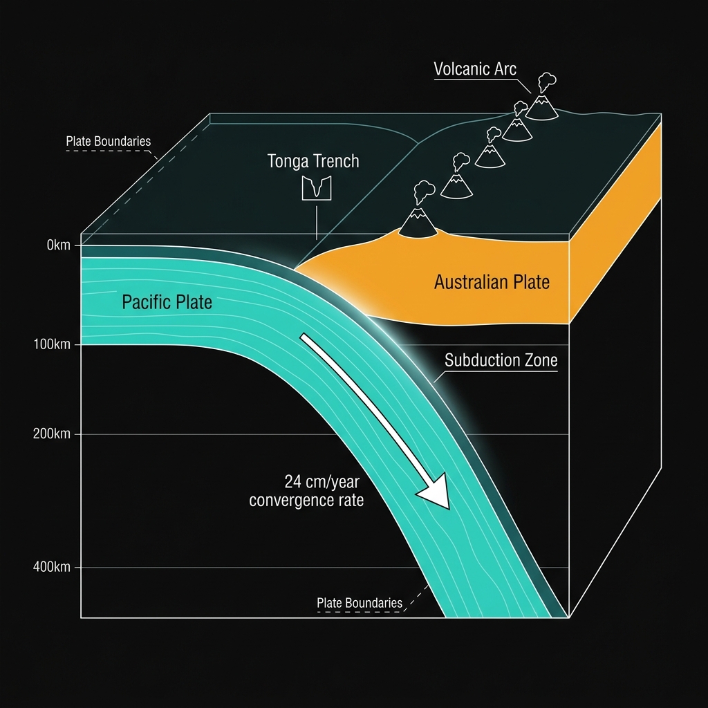 Diagram of the Tonga-Kermadec subduction zone showing Pacific Plate subducting under Australian Plate
