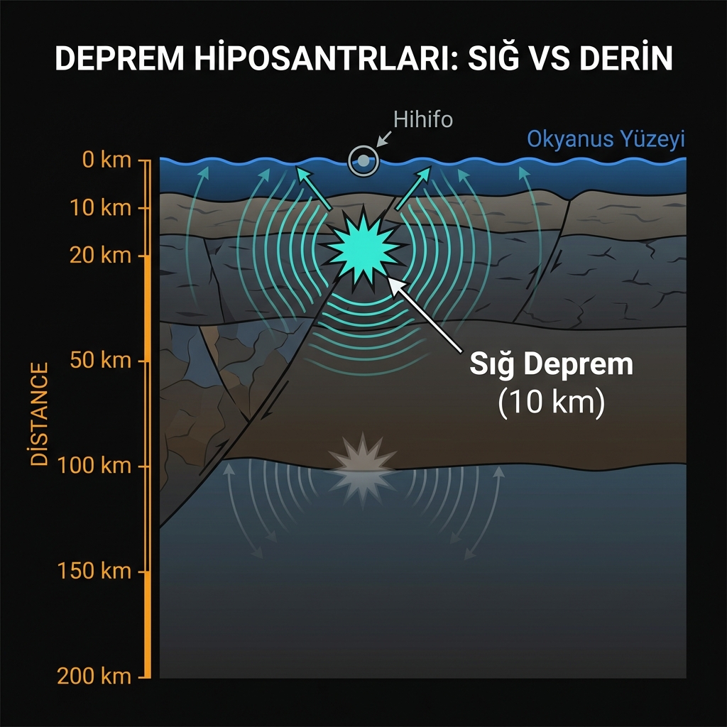 Cross-section diagram comparing shallow 10km earthquake depth to deeper seismic events