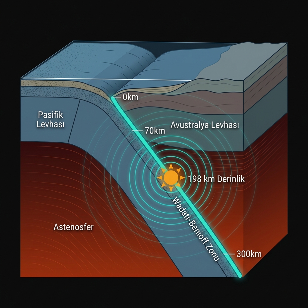Scientific cross-section diagram showing the Tonga subduction zone with the 198km deep earthquake location marked in the Wadati-Benioff Zone