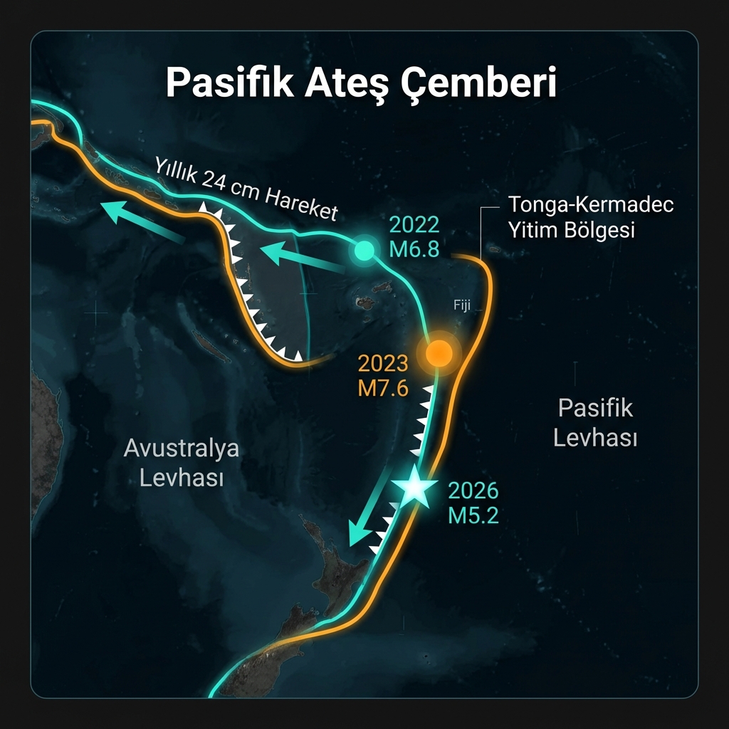 Tectonic map of the Pacific Ring of Fire showing the Tonga-Kermadec subduction zone and recent major earthquake locations
