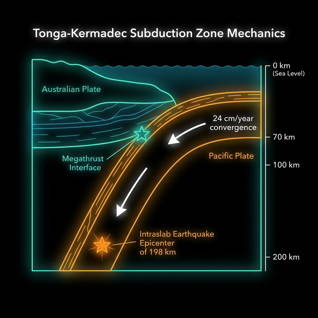 Diagram showing the Pacific Plate subducting beneath the Australian Plate with labeled intraslab and megathrust earthquake locations