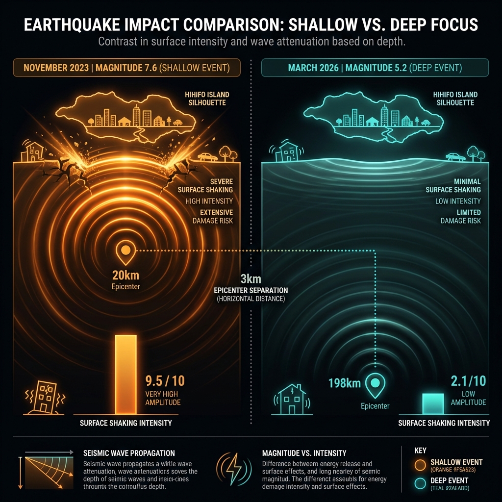 Comparison diagram showing how the 2023 shallow earthquake created strong surface shaking while the 2026 deep earthquake produced weak shaking despite similar locations