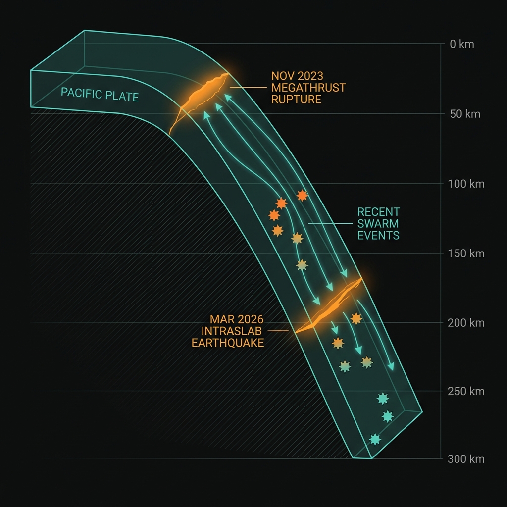 Diagram showing stress migration paths through the subducting plate connecting the 2023 and 2026 earthquakes with recent swarm events marked