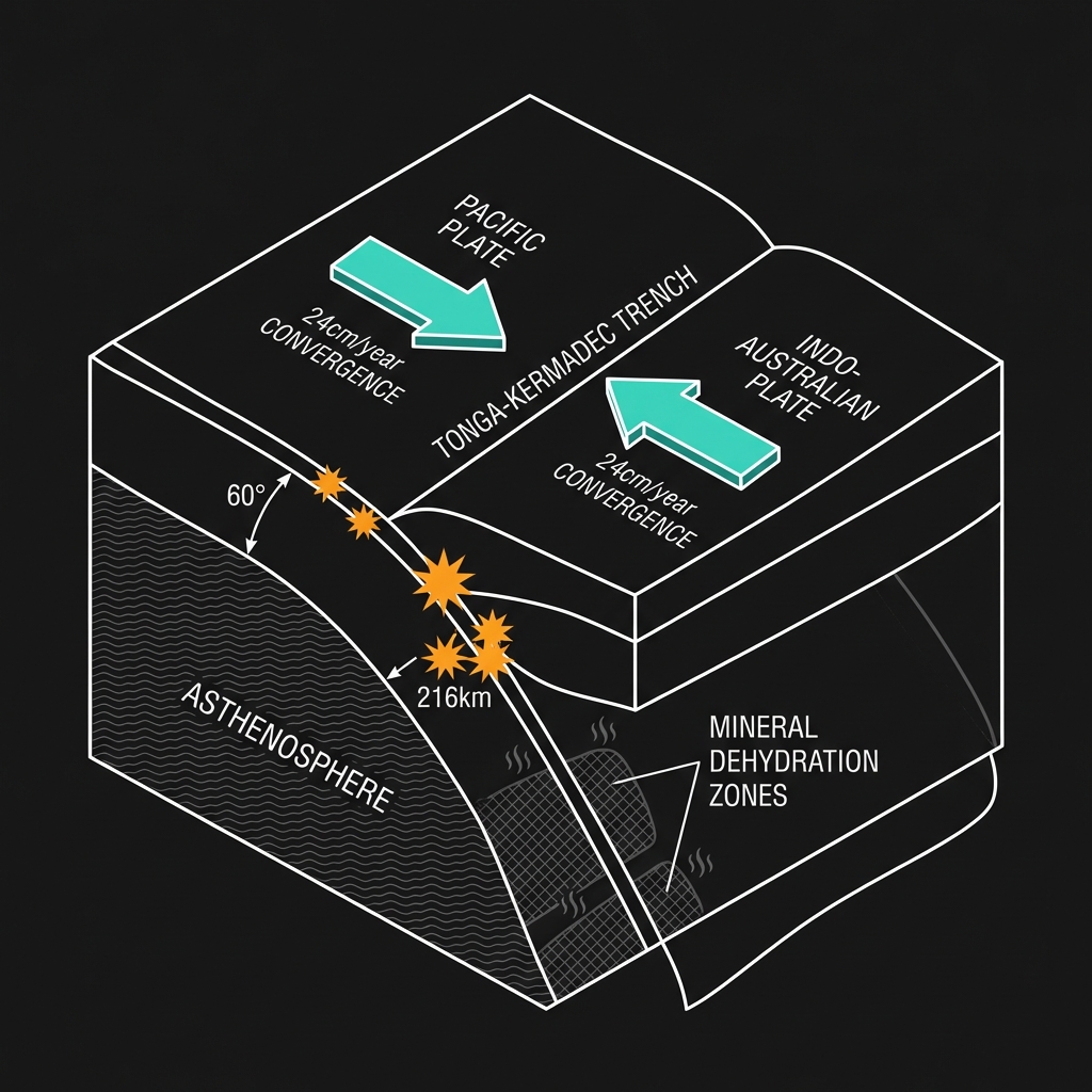 Diagram showing the Pacific Plate subducting beneath the Indo-Australian Plate with earthquake locations marked along the descending slab