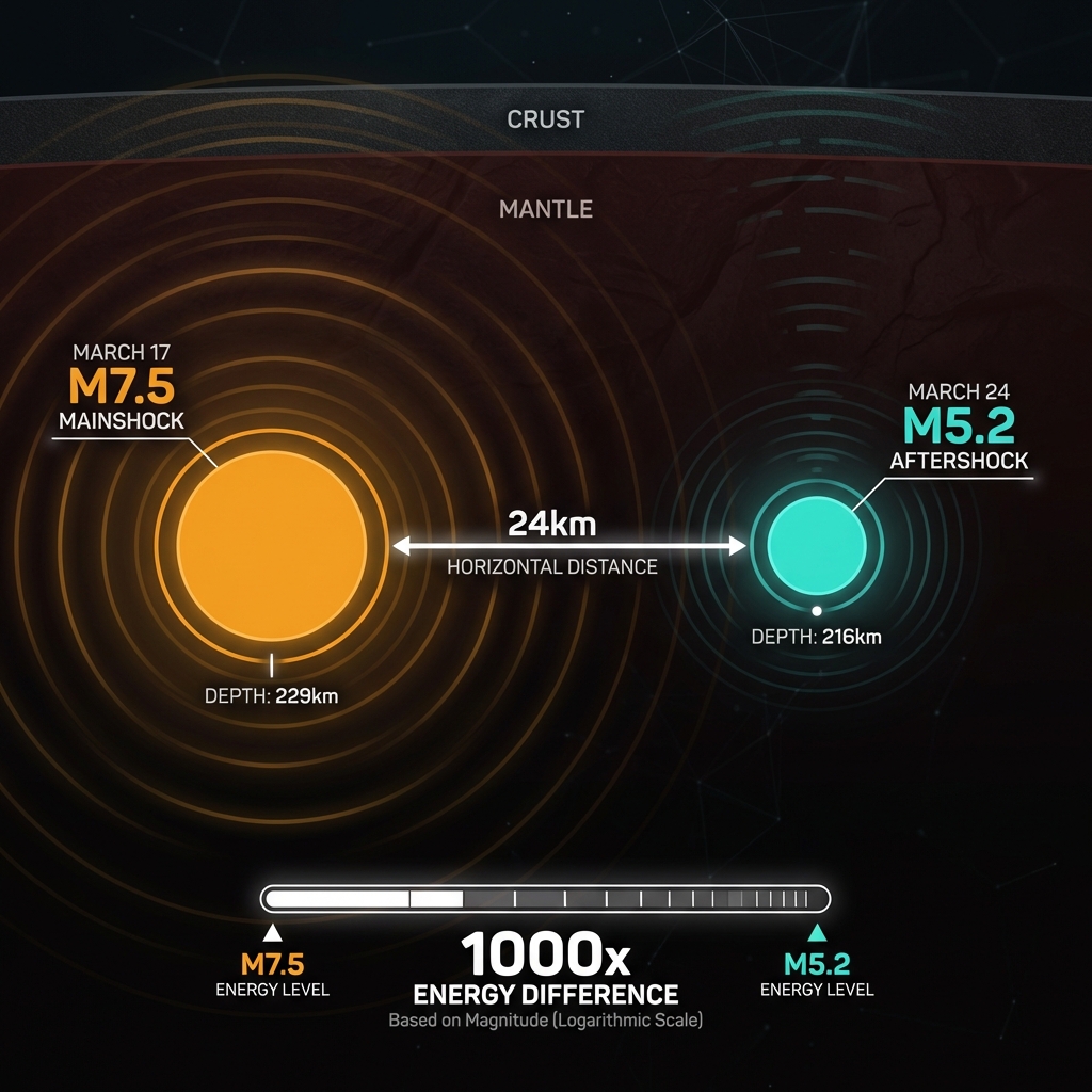 Diagram comparing the March 17 mainshock and March 24 aftershock showing relative energy release and depth differences