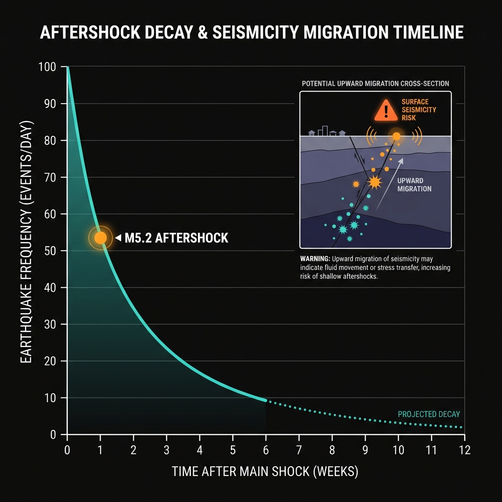 Chart showing typical aftershock frequency decay over time with the current M5.2 event marked at one week after the mainshock