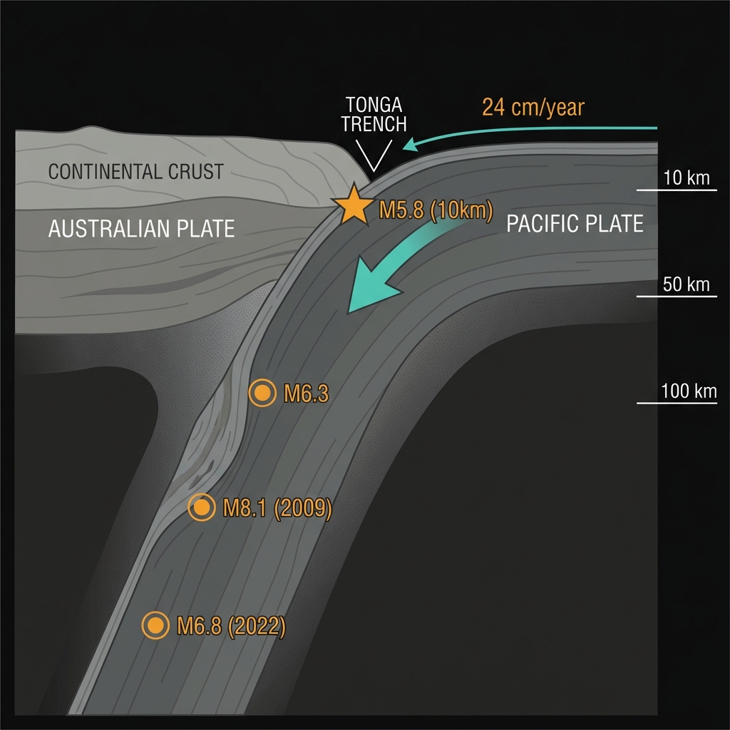 Cross-section diagram of the Tonga Trench subduction zone showing plate movement and recent earthquake epicenters