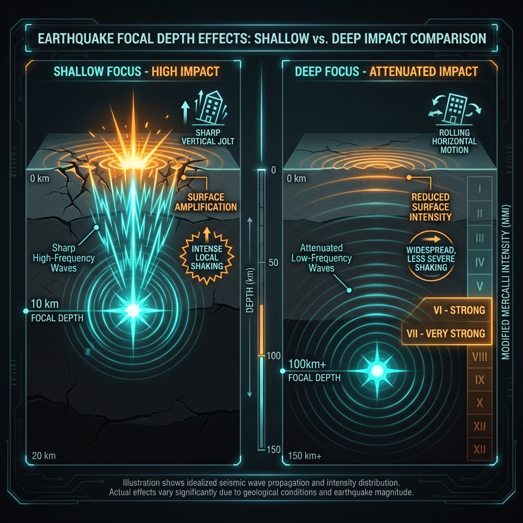 Diagram comparing shallow 10km earthquake impact versus deep focus, showing wave propagation and intensity differences