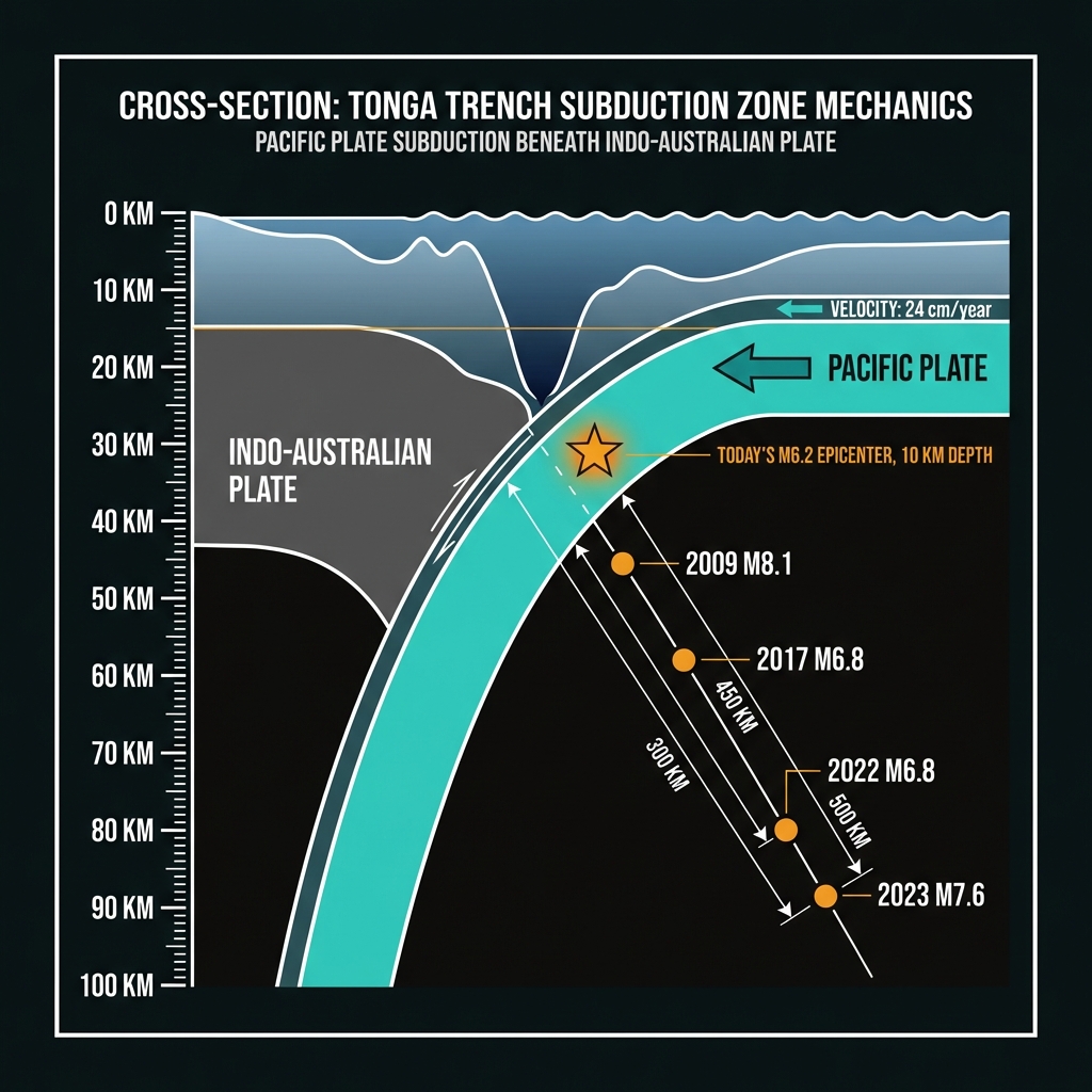 Diagram showing the Pacific Plate subducting under the Indo-Australian Plate with historical earthquake locations marked along the Tonga Trench