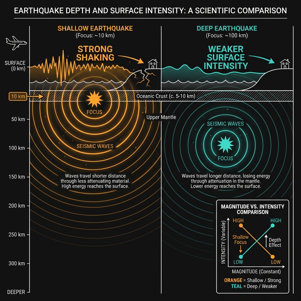 Diagram comparing how shallow earthquakes at 10km depth produce stronger surface shaking than deeper earthquakes of the same magnitude