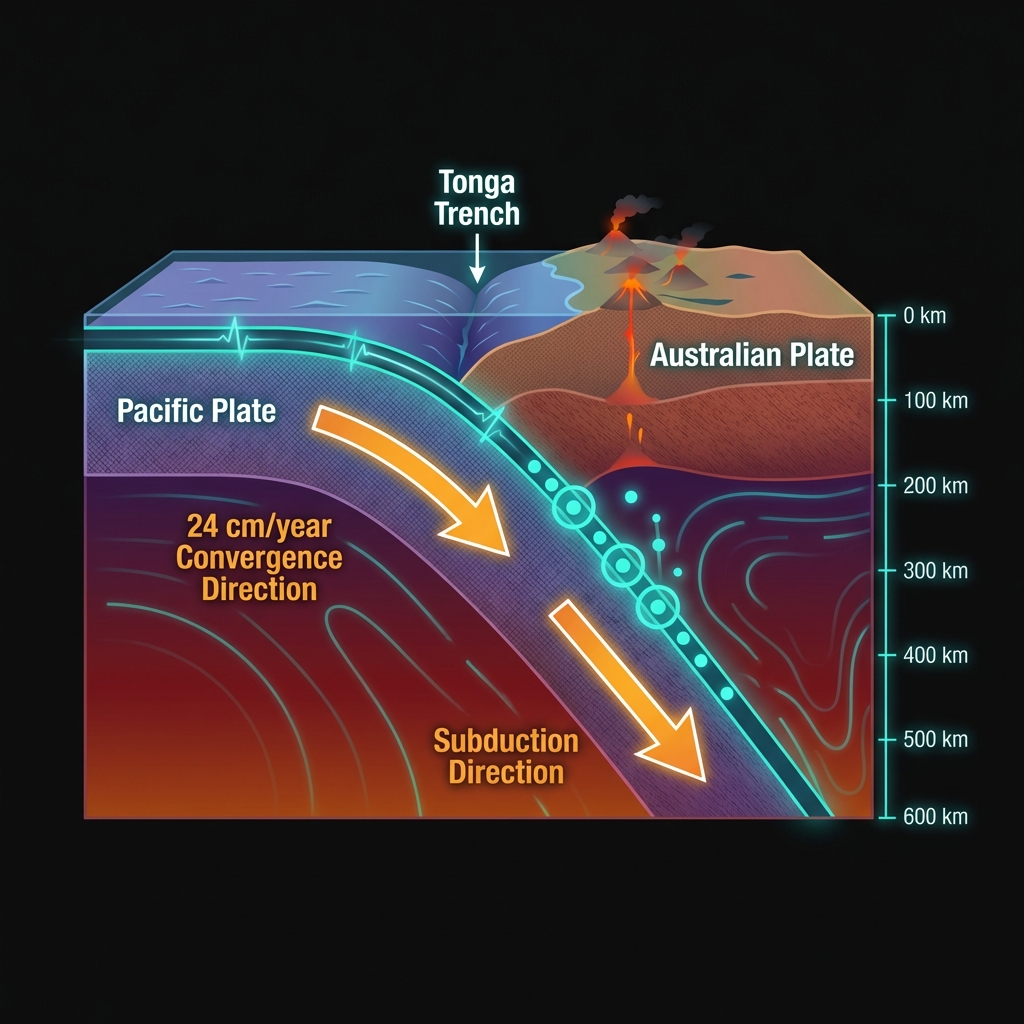 Diagram showing the Pacific Plate subducting beneath the Australian Plate at the Tonga Trench