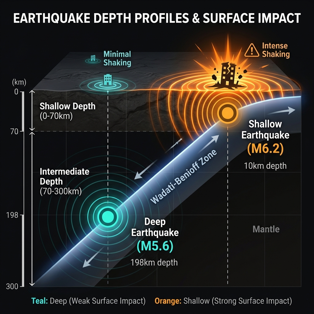 Comparison diagram showing deep versus shallow earthquake hypocenters and their surface effects