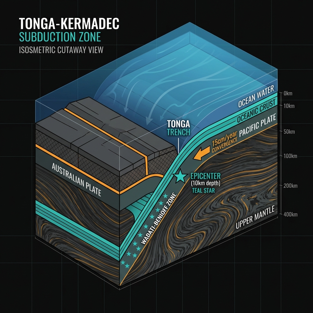 Cross-section diagram showing the Pacific Plate subducting beneath the Australian Plate at the Tonga-Kermadec trench