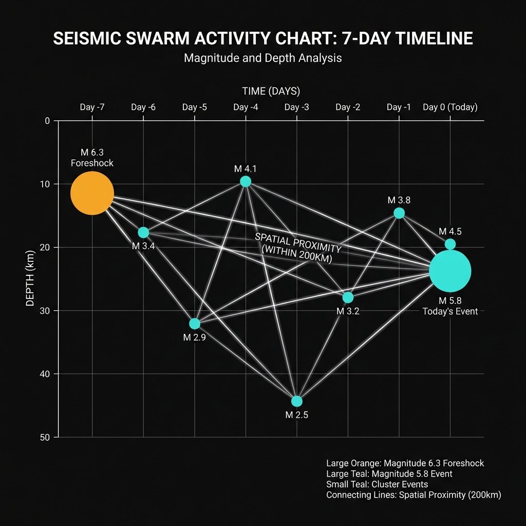 Timeline diagram showing the seismic swarm sequence including the M6.3 foreshock and M5.8 mainshock