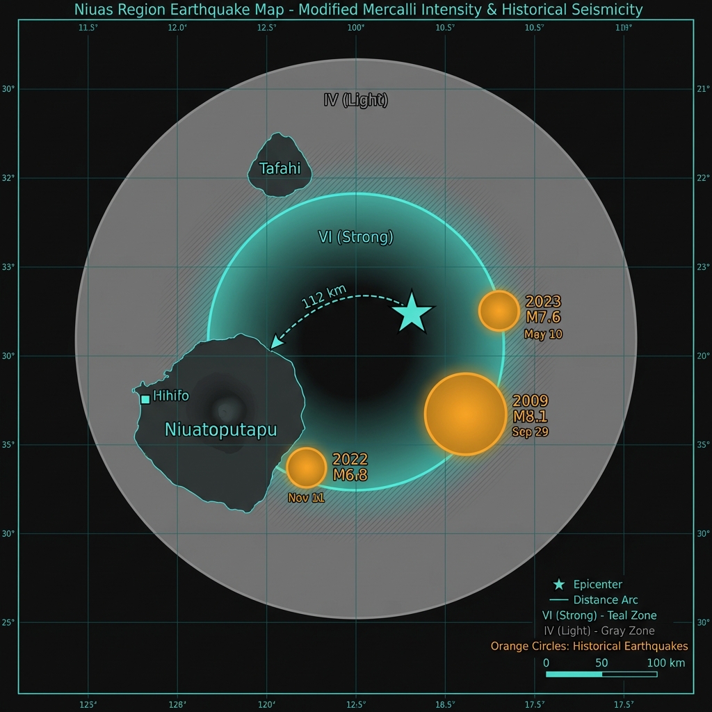 Map showing earthquake epicenter location relative to the Niuas islands with shaking intensity zones