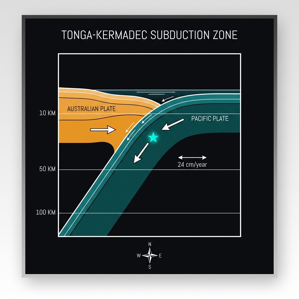 Cross-section diagram of the Tonga-Kermadec subduction zone showing the Pacific Plate subducting beneath the Australian Plate with the 10km earthquake focus marked