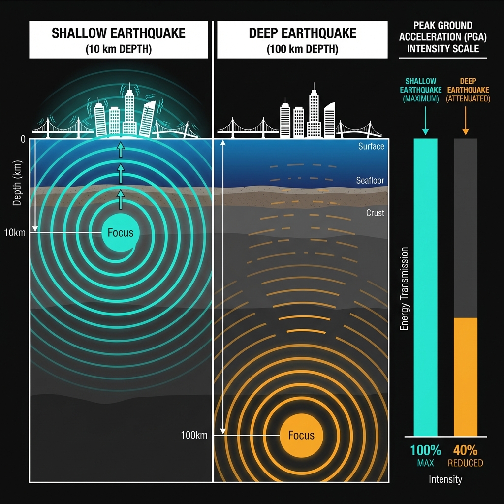Diagram comparing energy transmission from shallow versus deep earthquakes showing minimal attenuation at 10km depth