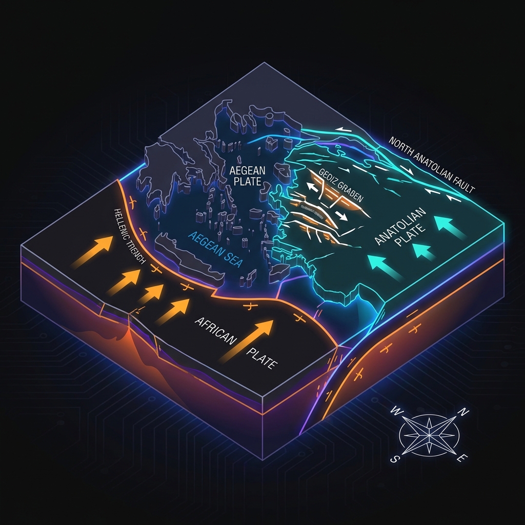 Diagram showing the interaction of the Eurasian, African, and Anatolian tectonic plates and the formation of the Gediz Graben