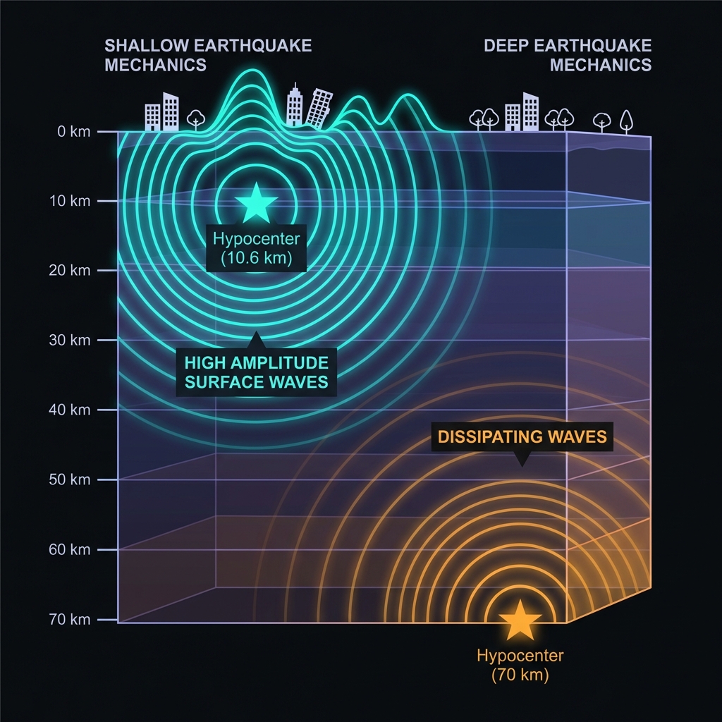 Cross-section diagram comparing shallow 10.6km earthquake wave propagation versus deep earthquake energy dissipation
