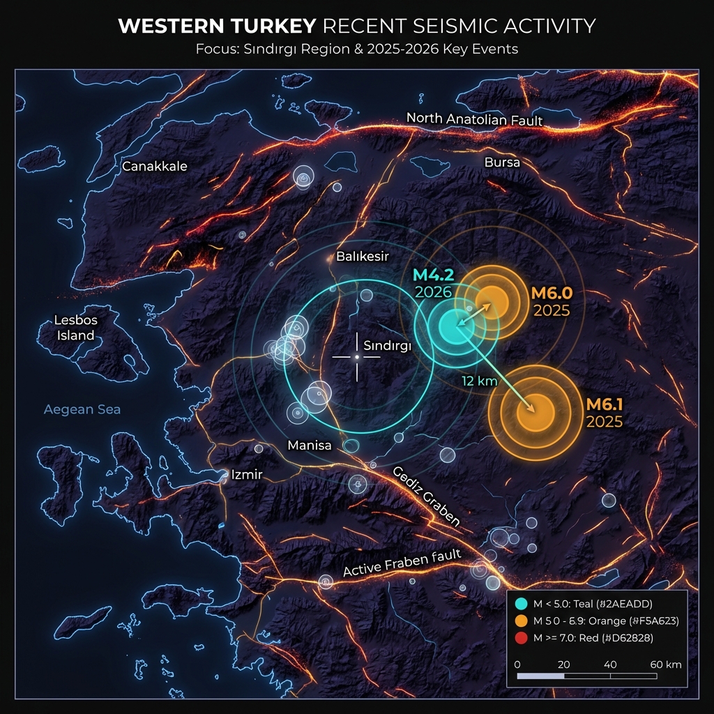 Map showing recent seismic events near Sındırgı including the 2026 magnitude 4.2 earthquake and 2025 magnitude 6.0 and 6.1 events