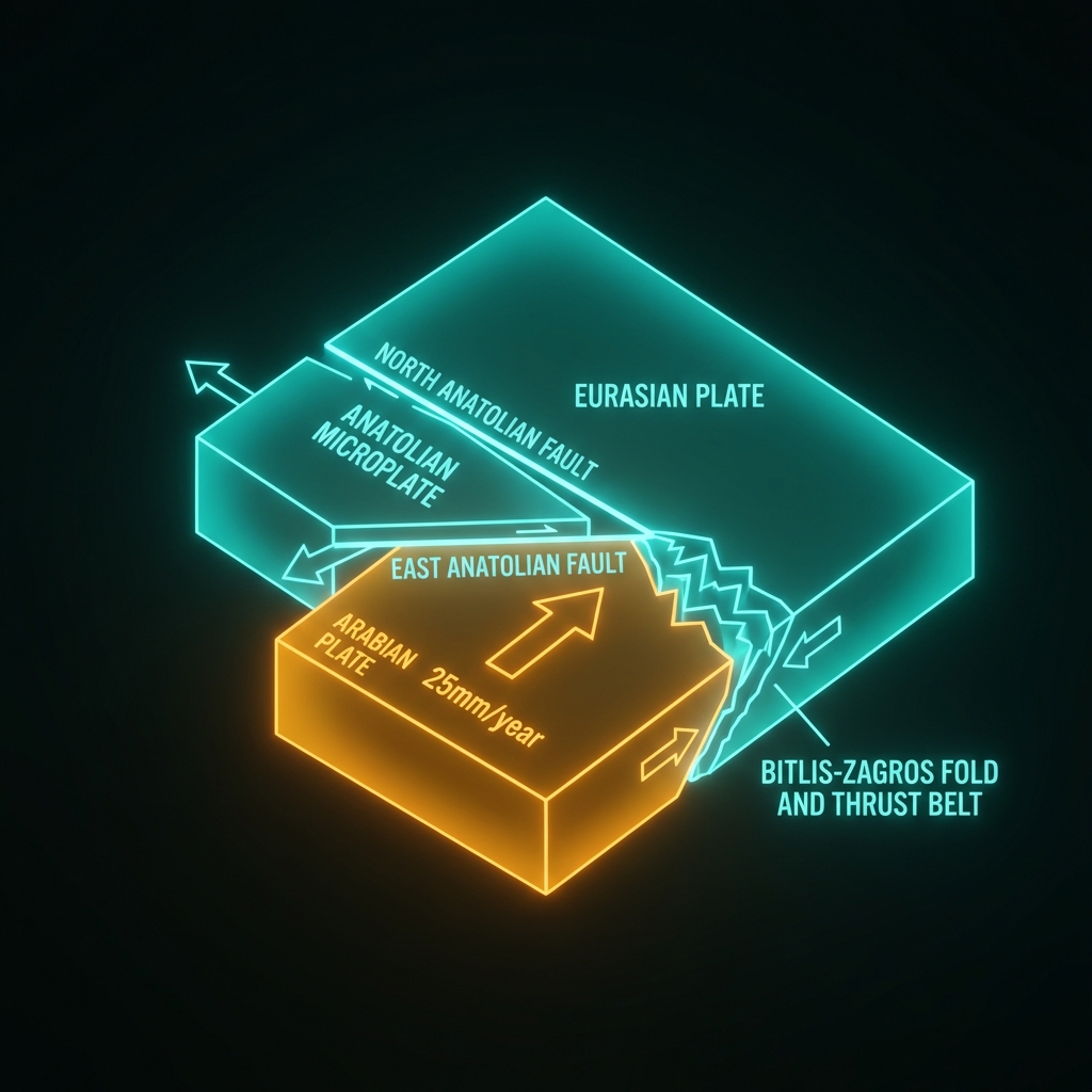 Tectonic diagram showing Arabian and Eurasian plate collision forcing Anatolian microplate westward