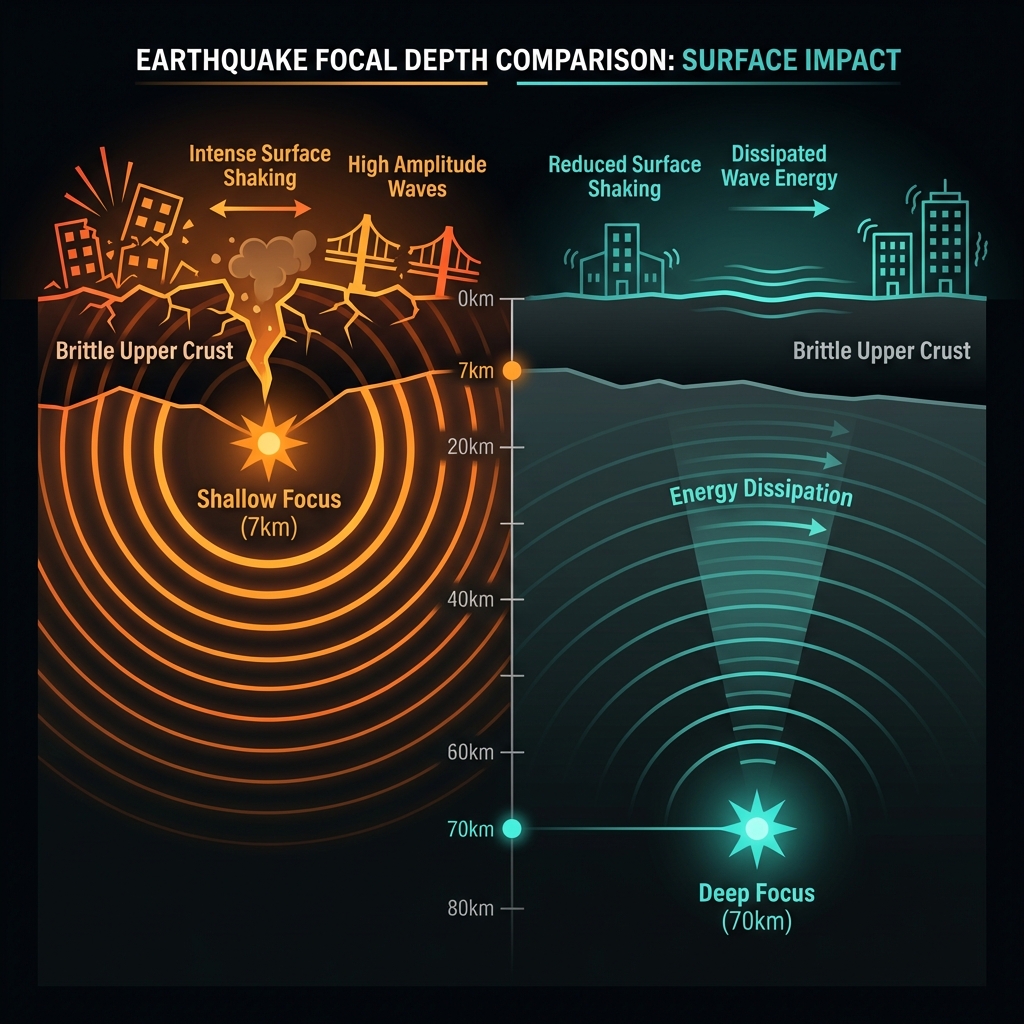 Diagram comparing shallow versus deep earthquake hypocenters and their surface shaking intensity