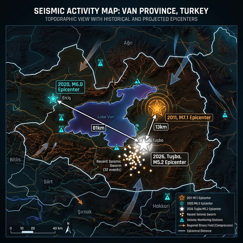 Map showing proximity of 2026 Tuşba earthquake to 2011 Van and 2020 Özalp epicenters with seismic monitoring network