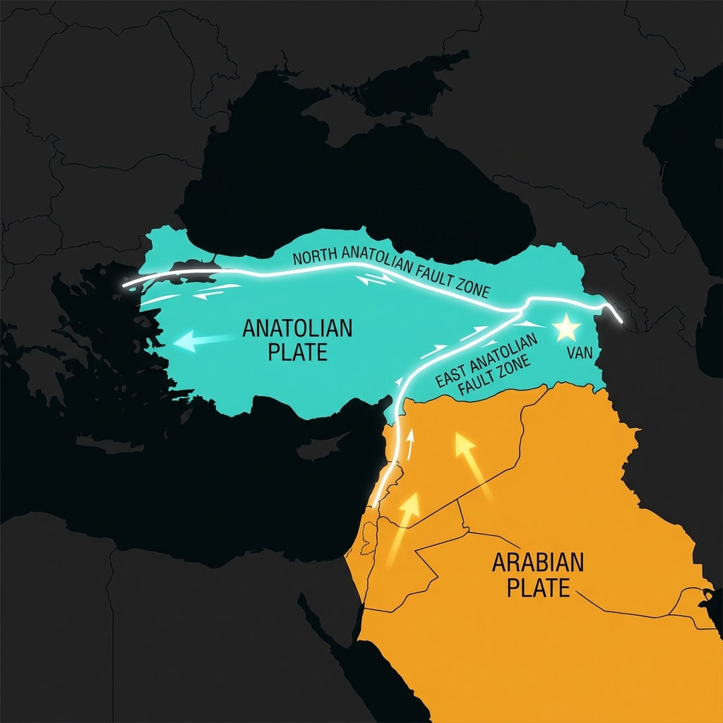 Tectonic map showing Arabian and Anatolian plate collision with North and East Anatolian Fault Zones