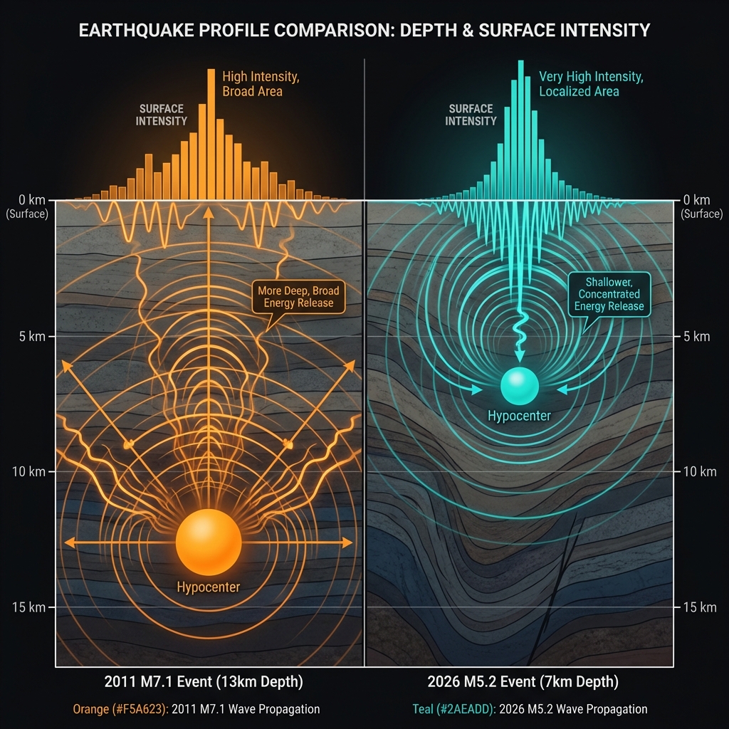 Cross-section diagram comparing 2011 and 2026 earthquake depths and their surface intensity effects
