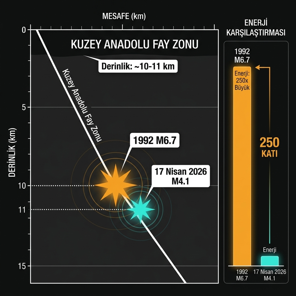 Cross-section diagram comparing the depth and magnitude of the 1992 and April 2026 earthquakes
