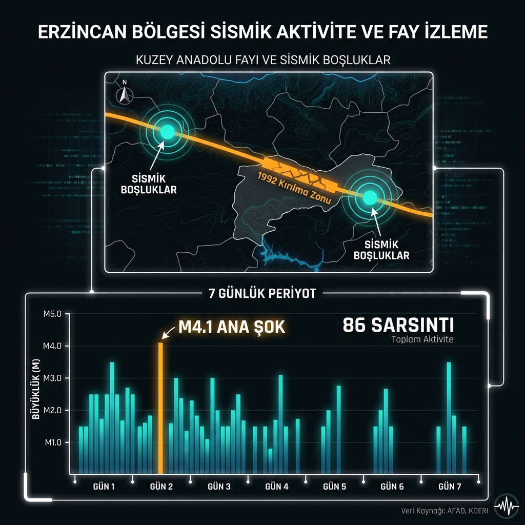 Infographic showing the 7-day earthquake swarm timeline and seismic gap locations along the fault